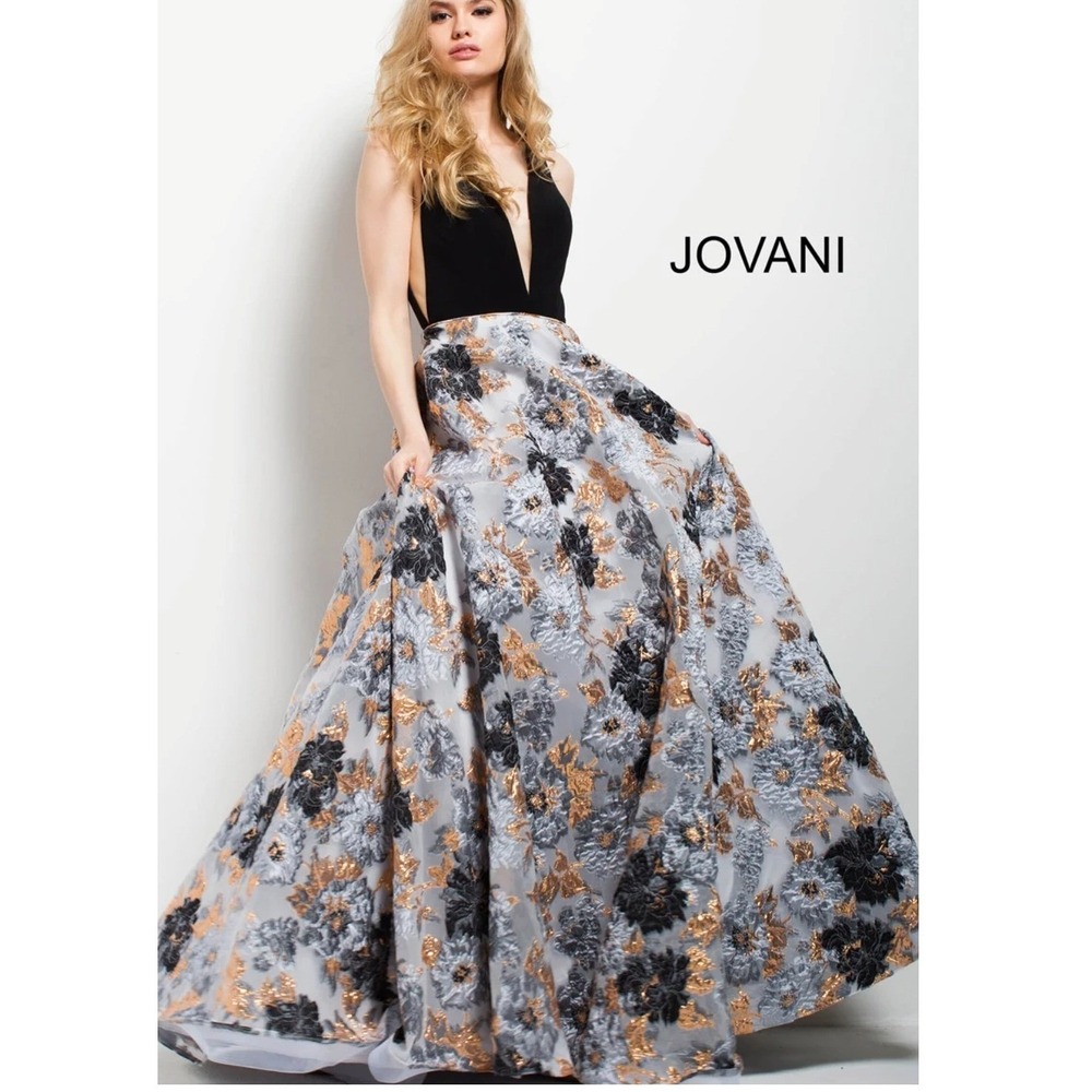 Jovani 58207 Floral Metallic Ball Gown Black Gold Silver V-Neck Formal Dress 18